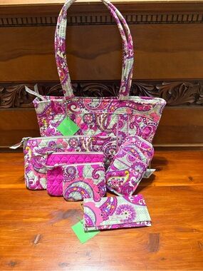 NWT Vera Bradley Set “Paisley Meets Plaid”Tote with 5 Matching Accessories